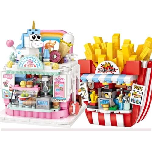 LOZ MINI city Street Building Blocks/loques funny hamburger/cake/drink action figuresModel educational diy shop toysfor kids