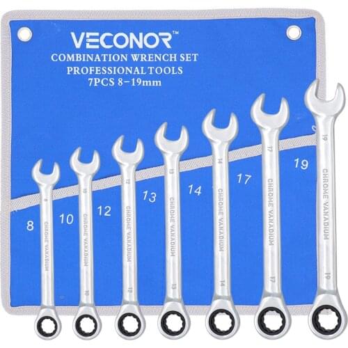 7Pcs Keys Ratchet Wrench Set Hand Tool Combination Spanner Set Head Wrench Matte Finish with Roll-up Storage Pouch Hand Tool