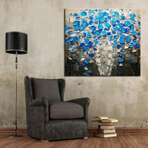New Design Wholesale Unique Design High Quality Handmade Living Room Blue Flower Oil Painting On Canvas