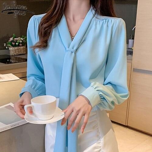 Korean Clothes Long Sleeve Office Lady Style V-neck Womes Shirts 2021 New Fashion Bow Lace Up Chiffon Blouse Blusas Mujer 11276