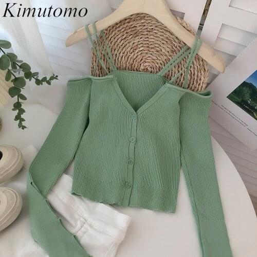 Kimutomo Solid Slash Neck Knit Cardigans Women Off Shoulder Long Sleeve Single Breasted Wild Short Sweater Knitwear Elegant