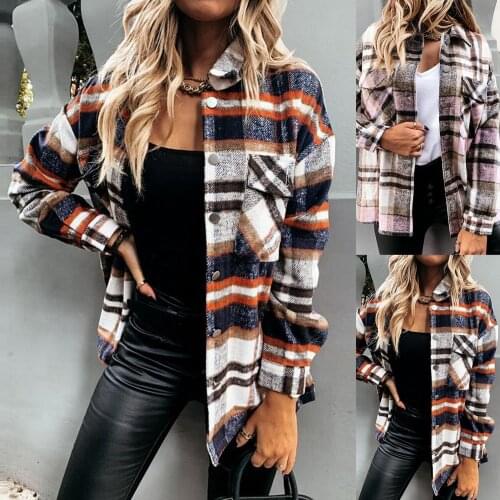 HOT SALES！！！New Arrival Women Autumn Turn Down Collar Long Sleeve Buttons Plaid Shirt Coat Outerwear