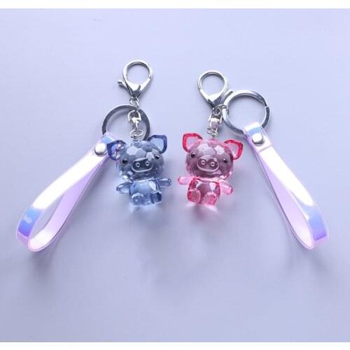 Couples Cartoon Acrylic Colorful PU Leather Rope Keychain Crystal Pig Pendant Car Bag Key Ring Women Girl Keyring Birthday Gift