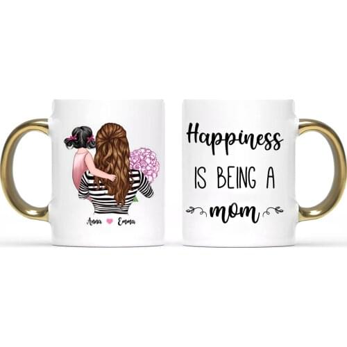 Personalized Coffee Mug Family Mom and Daughter cup Creative DIY mug Gold handle Happiness Is Being A Mom Gift Mugs Cups