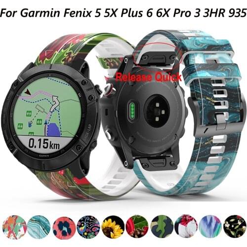 22 26mm Wrist Strap Bracelet For Garmin Fenix 6/6X Pro 5/5X Plus Forerunner 935 Quick Release Printed Silicone Watch Band Correa