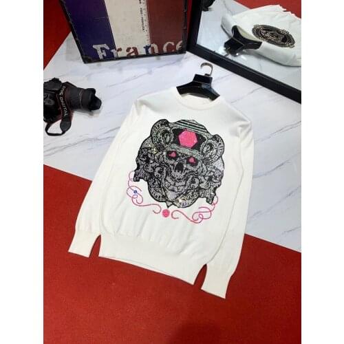 Super Heavy Craft Rhinestone Personality Mens Sweater Three-Dimensional Skull Shiny Pullover Brand Design Long Sleeves