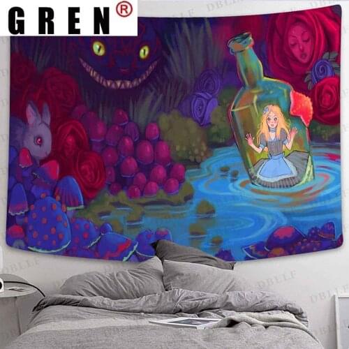 GREN Fairy Tale Mushroom Forest Tapestry Drift Bottle Psychedelic Forest Art Wall Hanging Tapestries Living Room Home Dorm Decor