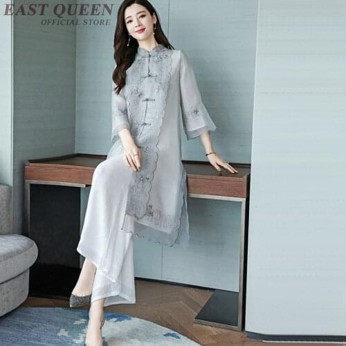 Vintage Elegant Woman Pants And Blouse Set Long Shirt Female Chinese Style Chiffon Loose 2 Piece Sets Womens Outfits AA4875