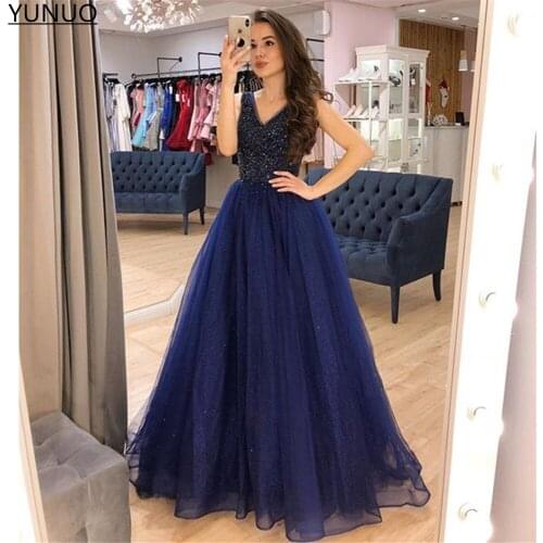YUNUO Sparkly Sequins Tulle Evening Formal Dresses A-line robe de soiree Party Gowns Lace Up Back Prom Dress vestidos de fiesta