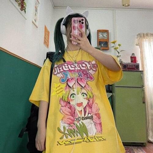 Yellow Cartoon T Shirt Women Funny Amine T Shirt Female Casual Youth Summer Oversize High Street Tees Loose Tops Harajuk Clothes