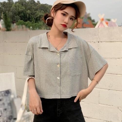 Womens Solid Notched Exposed Navel Loose Shirt Summer Casual Short Sleeve Blouse Tops