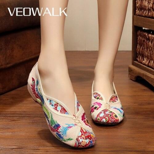 Veowalk Phoenix Embroidered Women Canvas Ballet Flats Patchwork Fabric Ladies Slip-on Breathable Linen Shoes Sapato Feminino
