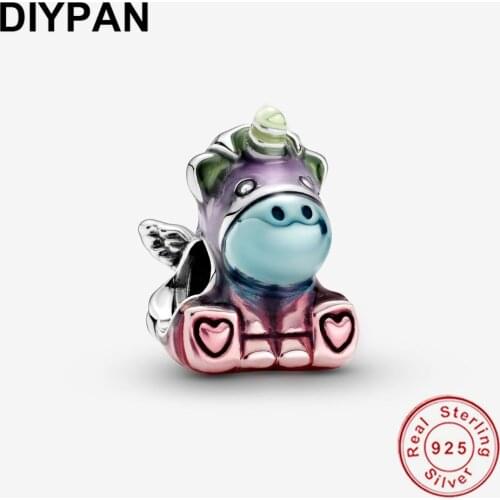 Colourful Rainbow Bruno the Unicorn Charm Fit Original Pandora Bracelet Charms 925 Sterling Silver Jewelry Women Berloque