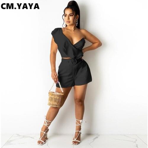 CM.YAYA Women Set Solid One Shoulder Short Sleeve Crop Top Loose Shorts Two 2 Piece Sets Fashion Outfit Without Sashes Summer