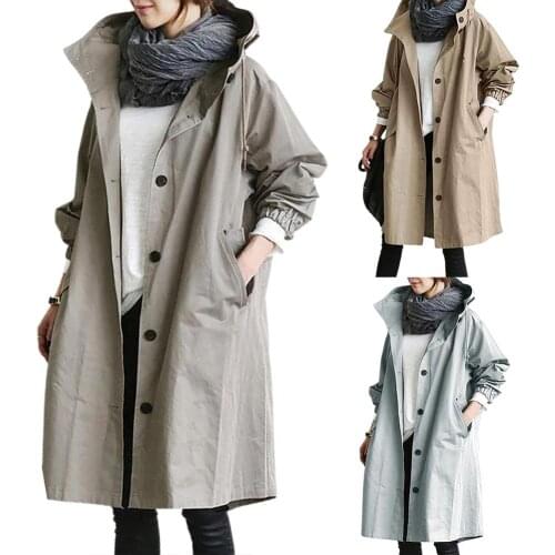 Women Autumn Solid Color Pocket Hooded Windbreaker Long Trench Coat Outerwear