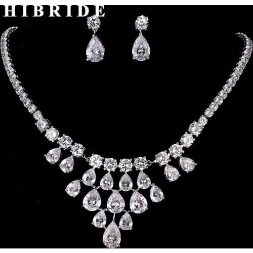 HIBRIDE High Quality AAA Cubic Zircon White Gold-Color Women Jewelry Sets Big Pendant Necklace Sets Factory Price N-197