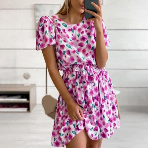2021 Summer Elegant Short Floral Dress For Women Sweet O-neck Short Sleeve Sashes A-Line Empire Beach Ladies Dresses Robe Femme