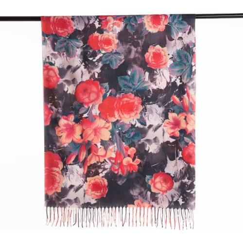 Winter Warm Scarf For Women Autumn Pink Rose Print Cotton Hijab Luxury Muslim Pashmina Shawl Ladies Long Cashmere Blanket Wrap