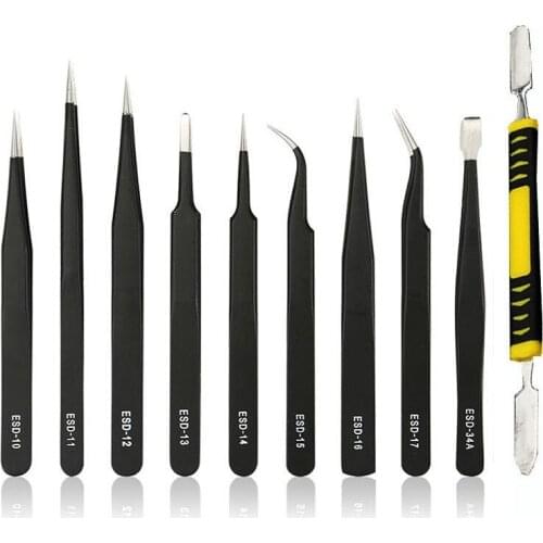 10pcs Precision Stainless Steel Tweezers Anti-static ESD Stainless Steel Tweezers Maintenance Tools Industrial Precision