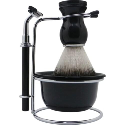 4Pcs Men Beard Shaving Set with Razor Brush Bowl Stand Holder Razor Mustache Shaving Tools