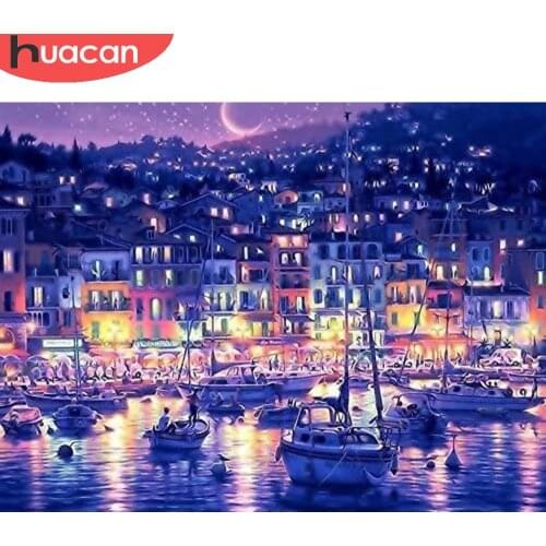 HUACAN Diamond Painting Seaside City Scenery Diamond Embroidery Mosaic Night Sea Ship Landscape Home Decor