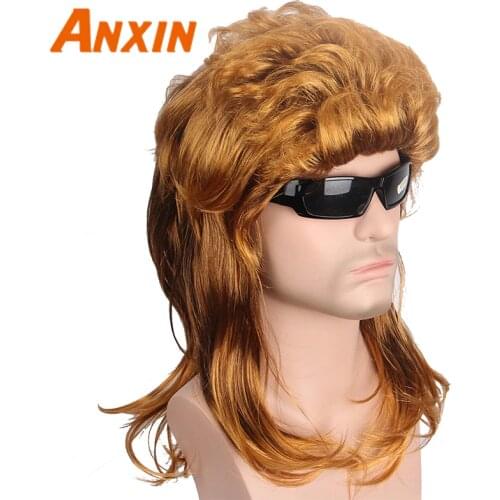 Anxin Short Wigs Gold Hair Synthetic Wigs Natural Wave Dark Brown Wig for Men USA Punk Hairstyle Fashion Popular Singer Toupee