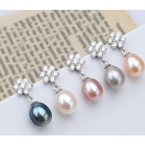 Free shipping snowflake shiny wedding jewelry 925 sterling silver earring natural real pearl earring women trendy bridal