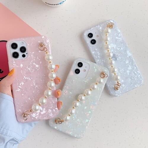 Glitter Shell Pearl Bracelet Phone Case for iPhone 11 12 Pro Max XS Max X XR 7 8 Plus Cute Wristband Soft Tpu Back Cover