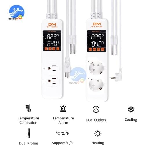 10A AC85-250V Digital Dual Temperature Controller Socket Outlet Dual Sensor Heating Cooling Thermostat EU/ US Plug DM-808TT