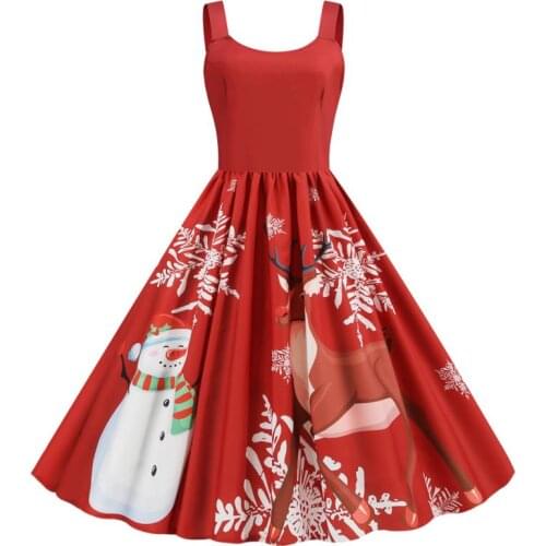 Dropshipping Christmas Snowflakes Snowman Reindeer Print Scoop Neck Sleeveless Women Ladies Casual Party Mini Short Skater Dress