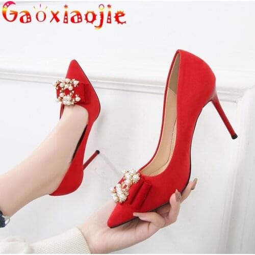 Gaoxiaojie Fashion Rhinestone Pearl Diamond Women Pumps 2021 New 9.5CM Flock Pointed Toe Stiletto Crystal Wedding Shoes Size 43