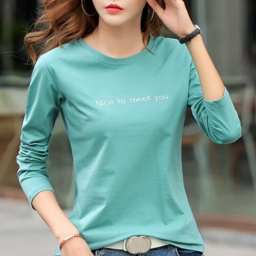 Embroidery Letter Cotton T Shirt Women 2021 Autumn Long Sleeve Top Casual Female Tshirts Fashion O-Neck Clothes Camisas De Mujer