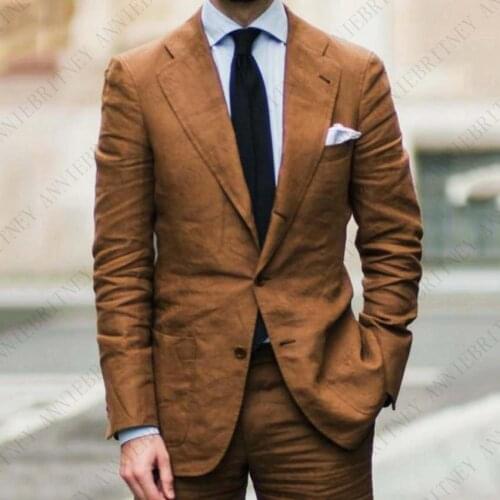 ANNIEBRITNEY Tailor Made Linen Brown Men Suits Set Slim Fit Formal Groom Prom Dress Tuxedo Casual Summer Style Beach Male Blazer