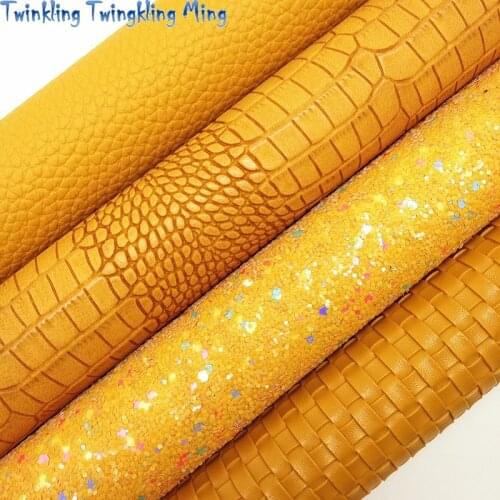 Yellow Glitter leather, Weaving Litchi Crocodile Embossed Faux Fabric For Bow A4 21x29CM Twinkling Ming KM171