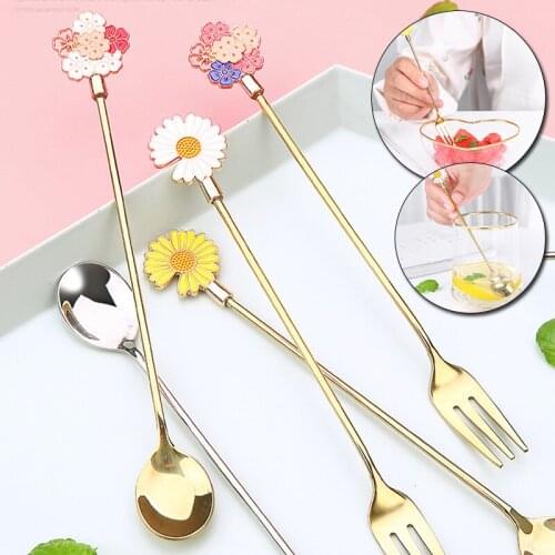 Creative Stainless Steel Coffee Spoon Cherry Long Handle Stirring Spoon Dessert Cream Cake Jelly Fork Afternoon Tea Spoon