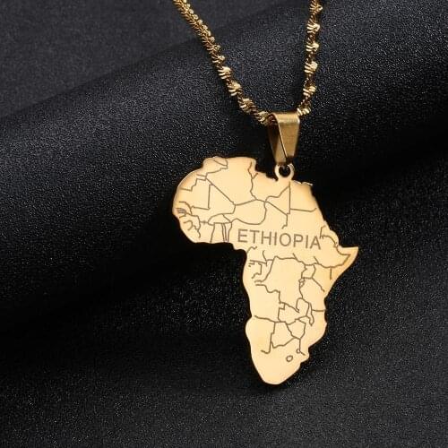 Stainless Steel Fashion Africa Map With Ethiopia Pendant Necklaces For Women Men African Map Jewelry