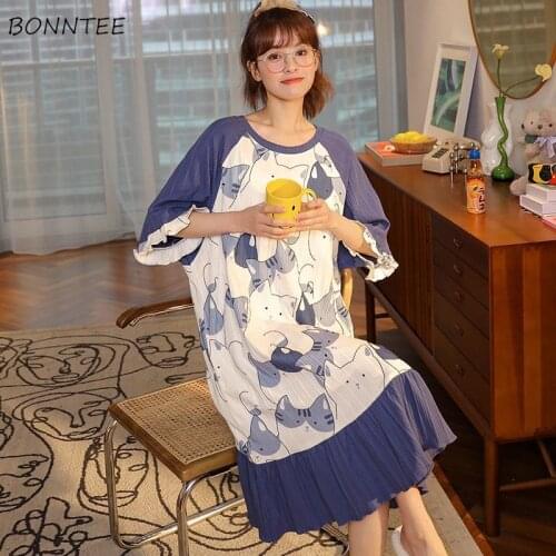 Sleepshirts Women Large Size 3XL Printed O-neck Ruffles Half Sleeve Mid-calf Kawaii Soft Fashion Korean Style Student Females