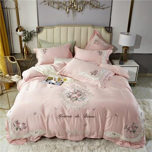 New Pink 800TC Egyptian Cotton Pastoral Flowers Embroidery Bedding Set Double Duvet Cover Set Bed Linen Fitted Sheet Pillowcases
