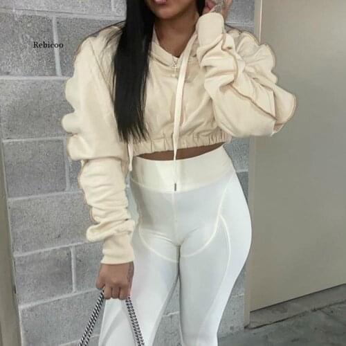 Solid Hoodie Sweatshirt Women Autumn Long Sleeve Casual Streetwear Drawstring Slim Crop Top Female Fashion Outfits Hot
