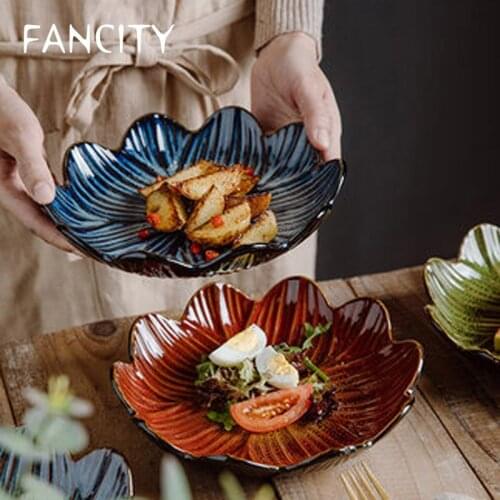 FANCITY Underglaze color kiln changed ceramic serving plate, special-shaped plate, flower-shaped plate, restaurant personality