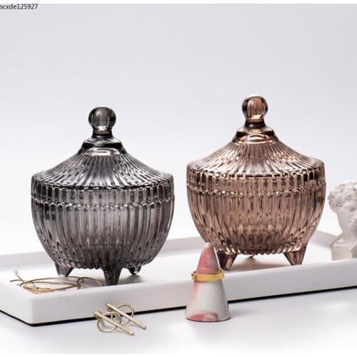 European Style Striped Glass Jewelry Box Tall Jewelry Ring Necklace Storage Box Desktop Candy Snack Storage Jar Home Decoration