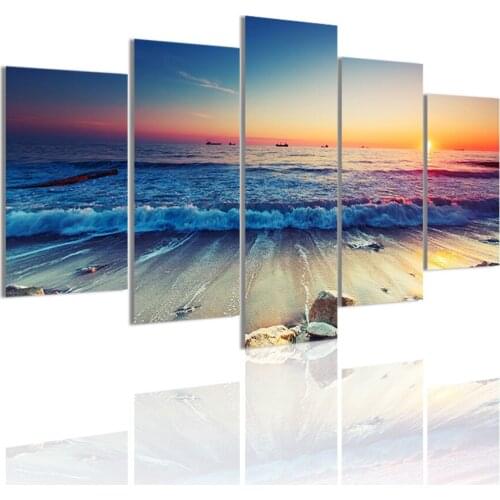 Sunlight Sunset Sea Shore Beach 5 Panels DIY Wood Frame Canvas Painting Poster Wall Art Print Picture Living Room Home Decor