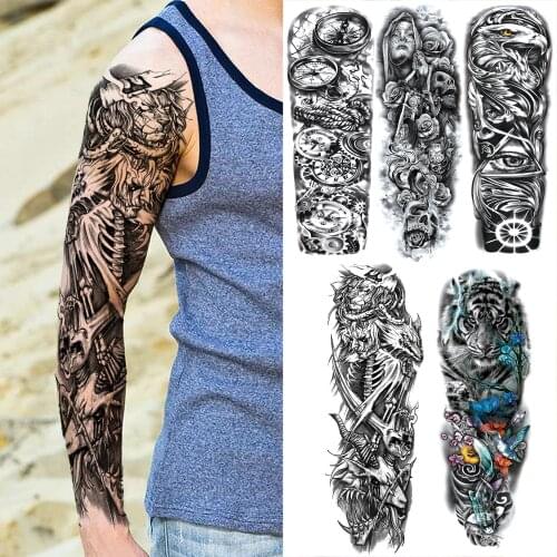 Black Skeleton Temporary Tattoos Sleeve For Men Women Realistic Fake Gangster Rose Tiger Tatoos Full Arm Washable Tattoo Sticker