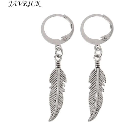 Vintage Leaf Titanium Steel Feather Pendant Hoop Earrings Korean Jewelry Unisex