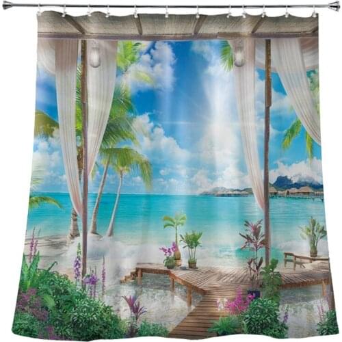 Beach Palm Waterproof Landscape Shower Curtain Ocean Scenery Bath Curtain Bathroom Decoration