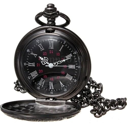 YCYS-Vintage Steampunk Black Roman Numerals Necklace Quartz Pendant Pocket Watch Gift