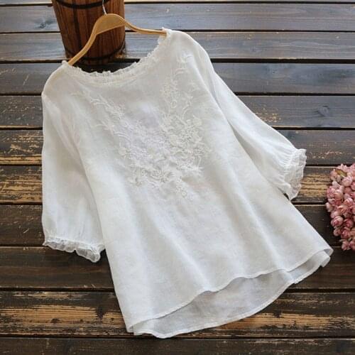 100% Cotton Plus Size Women Tshirt Summer style Half Sleeve Loose Tee Shirt Vintage Embroidery O-neck Femme Tops