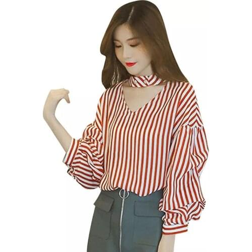 Womens Casual Loose Lantern Sleeve Chiffon Tops And Blouses Ladies Casual Long Sleeve Striped Shirts Blusas Mujer DD2348