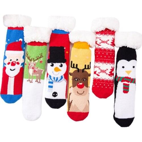Women Christmas Fuzzy Plush Lined Slipper Socks Cartoon Santa Snowman Reindeer Home Floor Non Skid Thermal Hosiery Gifts