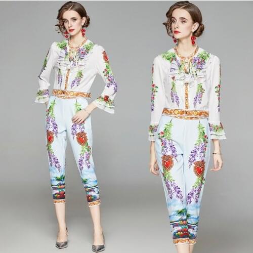 Spring Summer Fall Runway 2 Piece Womens Sets Retro Vintage Print Ruffled Neck 3/4 Sleeve Top Shirt Blouse Pant Suits Outfits
